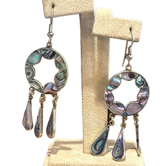 Vintage 80s Alpaca shell silver Mexico Dangle earrings - Picture 3 of 7